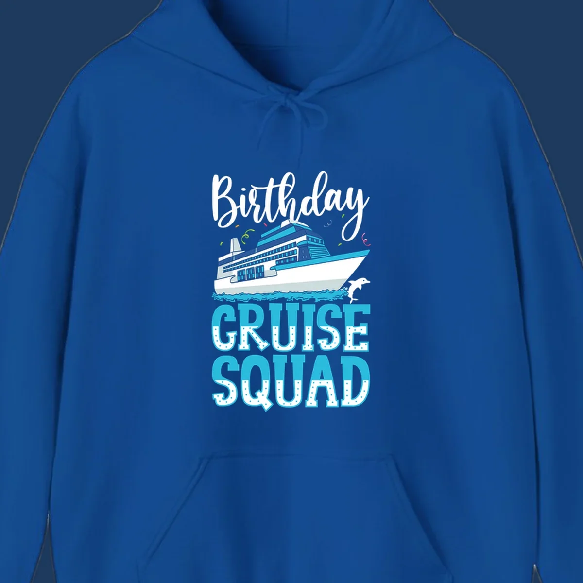 Birthday Cruise Squad design with large cruise ship, ocean waves, dolphin, and bold polka-dot text on gray background