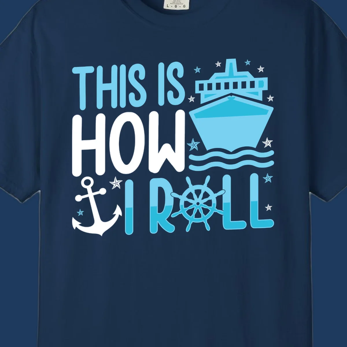 How I Roll Cruise design with ship wheel, anchor, cruise ship, and ocean waves on gray background