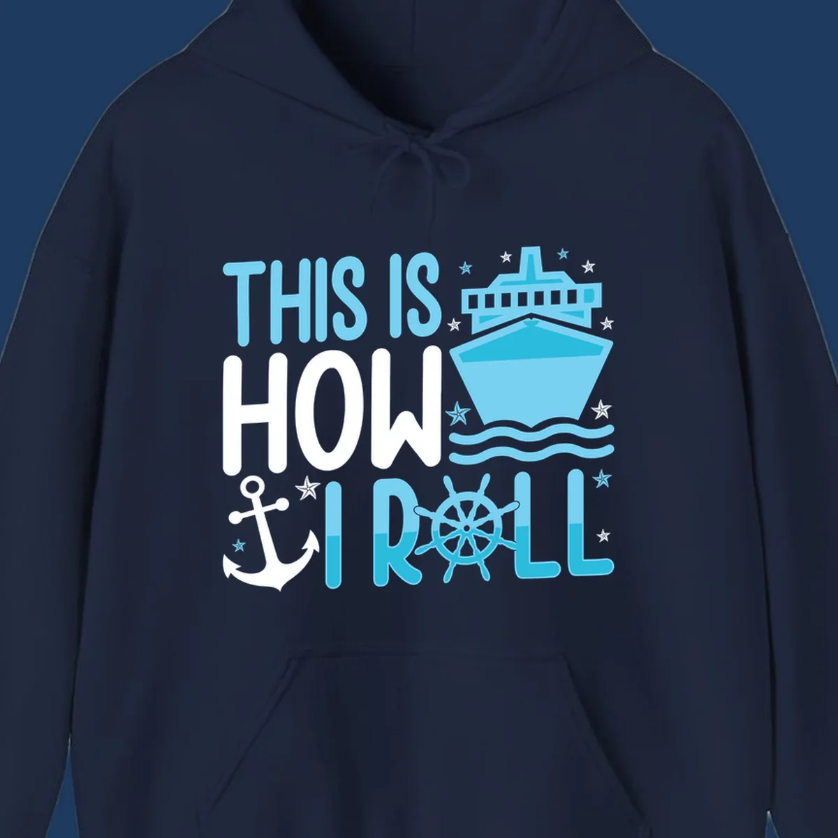 How I Roll Cruise design with ship wheel, anchor, cruise ship, and ocean waves on gray background
