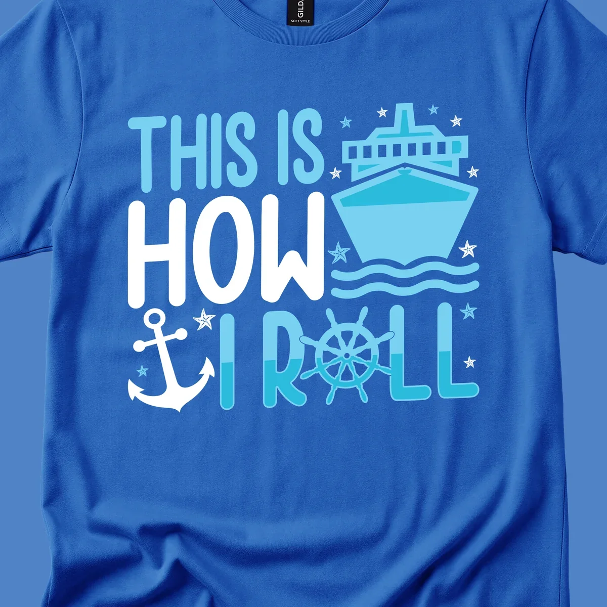 How I Roll Cruise design with ship wheel, anchor, cruise ship, and ocean waves on gray background