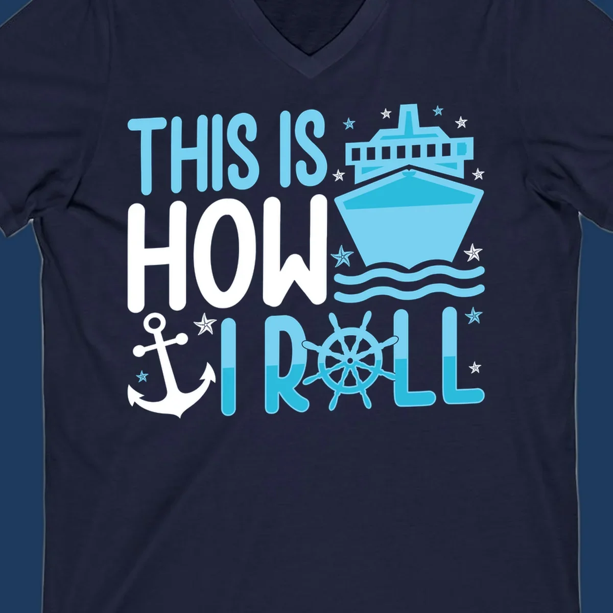 How I Roll Cruise design with ship wheel, anchor, cruise ship, and ocean waves on gray background