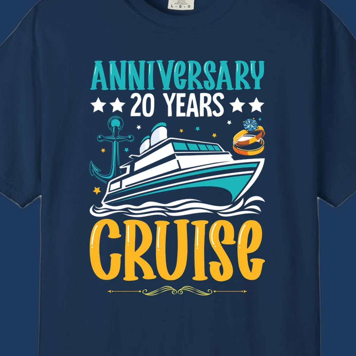 Anniversary 20 years cruise design with luxury yacht, anchor, wedding rings, and ocean waves on gray background