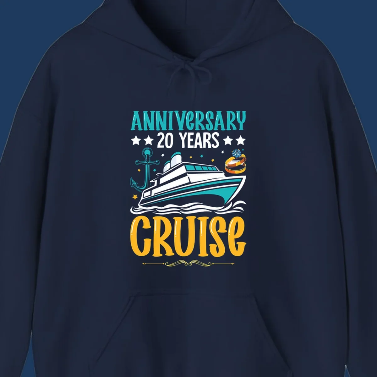 Anniversary 20 years cruise design with luxury yacht, anchor, wedding rings, and ocean waves on gray background