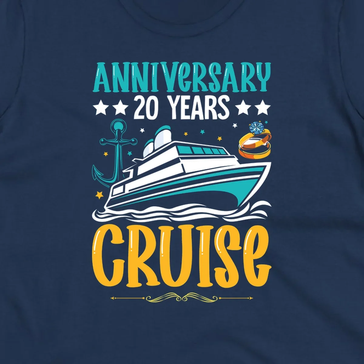 Anniversary 20 years cruise design with luxury yacht, anchor, wedding rings, and ocean waves on gray background