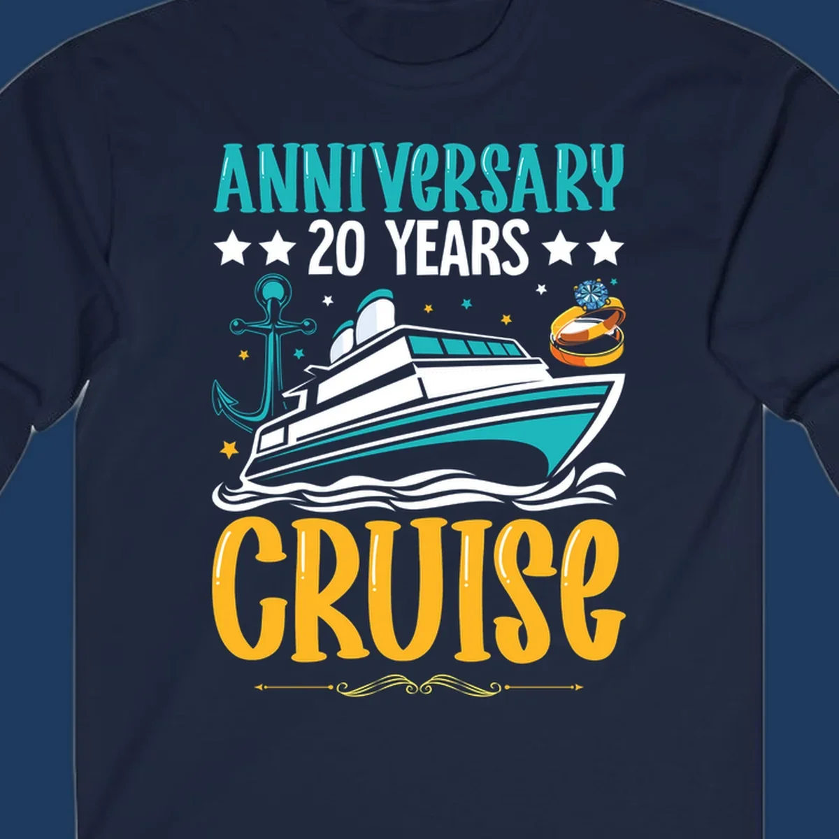Anniversary 20 years cruise design with luxury yacht, anchor, wedding rings, and ocean waves on gray background