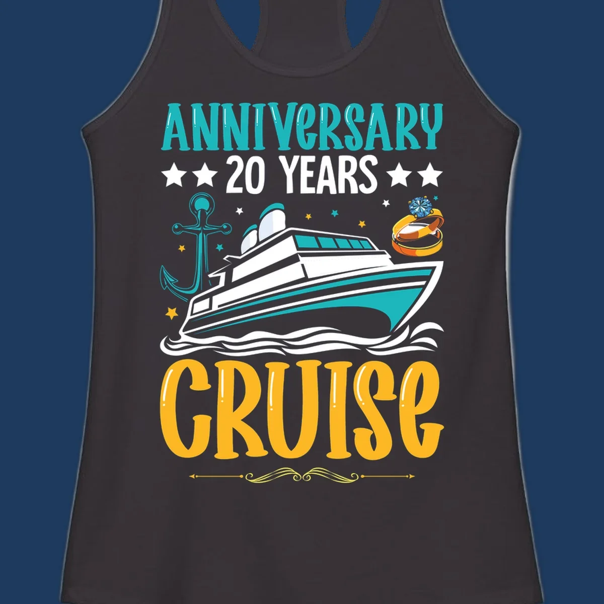 Anniversary 20 years cruise design with luxury yacht, anchor, wedding rings, and ocean waves on gray background