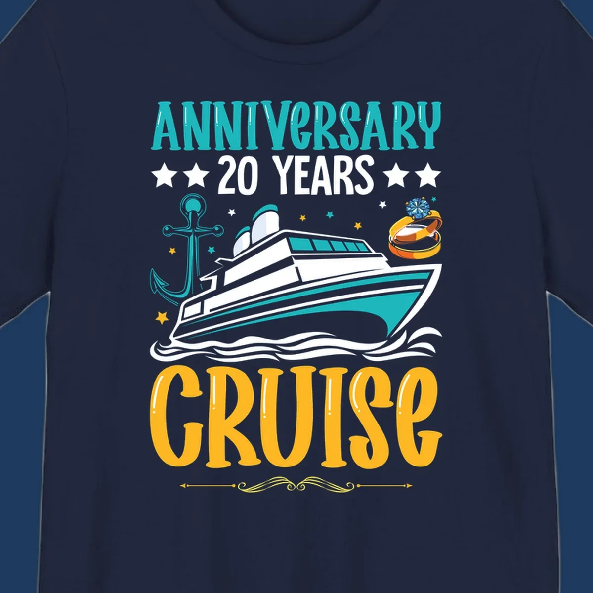 Anniversary 20 years cruise design with luxury yacht, anchor, wedding rings, and ocean waves on gray background