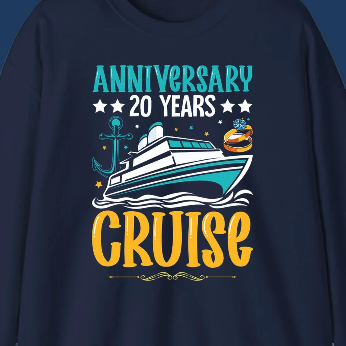 Anniversary 20 years cruise design with luxury yacht, anchor, wedding rings, and ocean waves on gray background