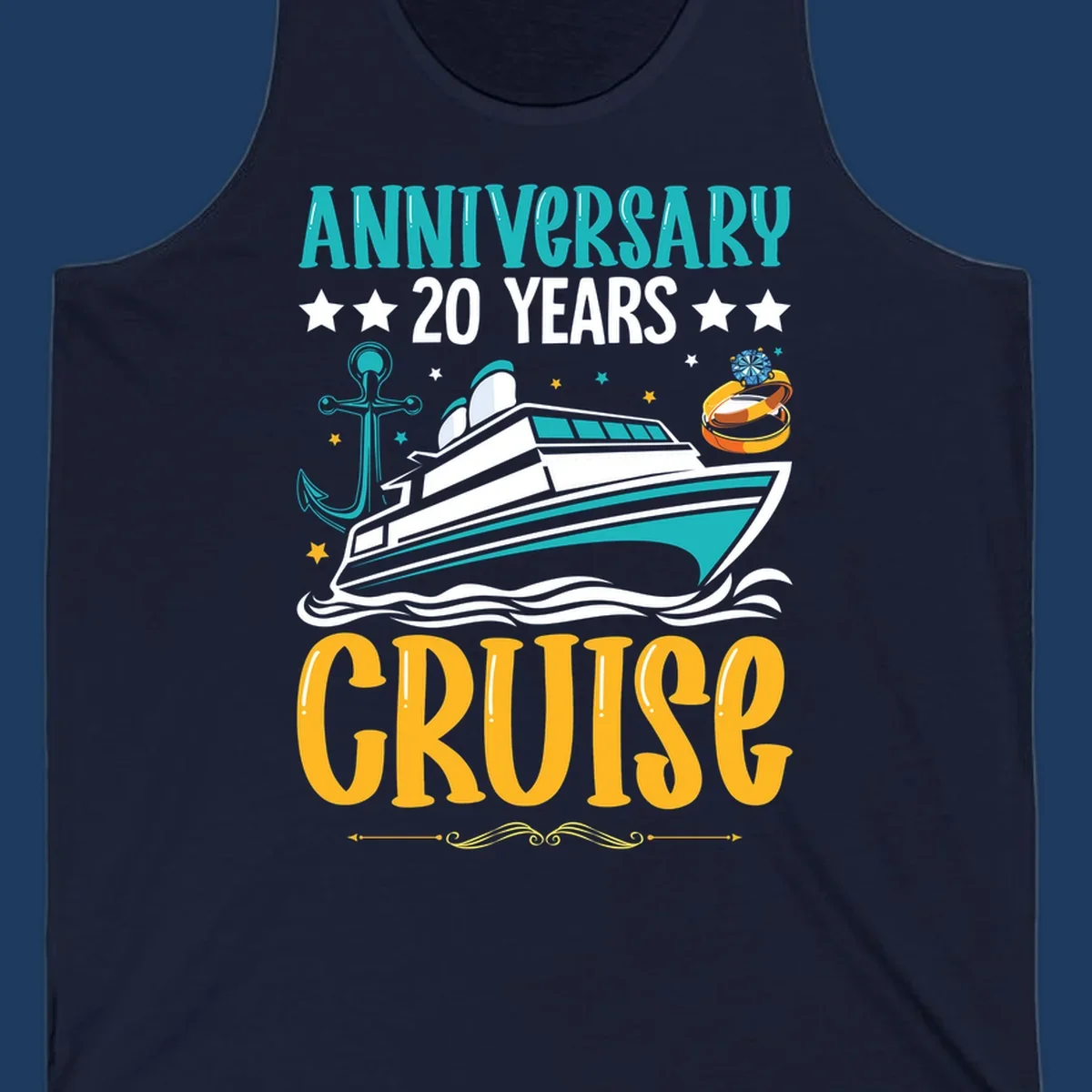Anniversary 20 years cruise design with luxury yacht, anchor, wedding rings, and ocean waves on gray background