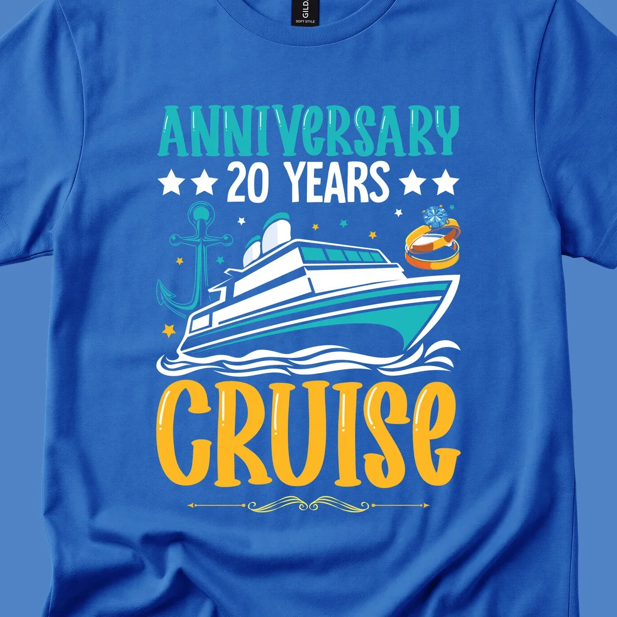 Anniversary 20 years cruise design with luxury yacht, anchor, wedding rings, and ocean waves on gray background