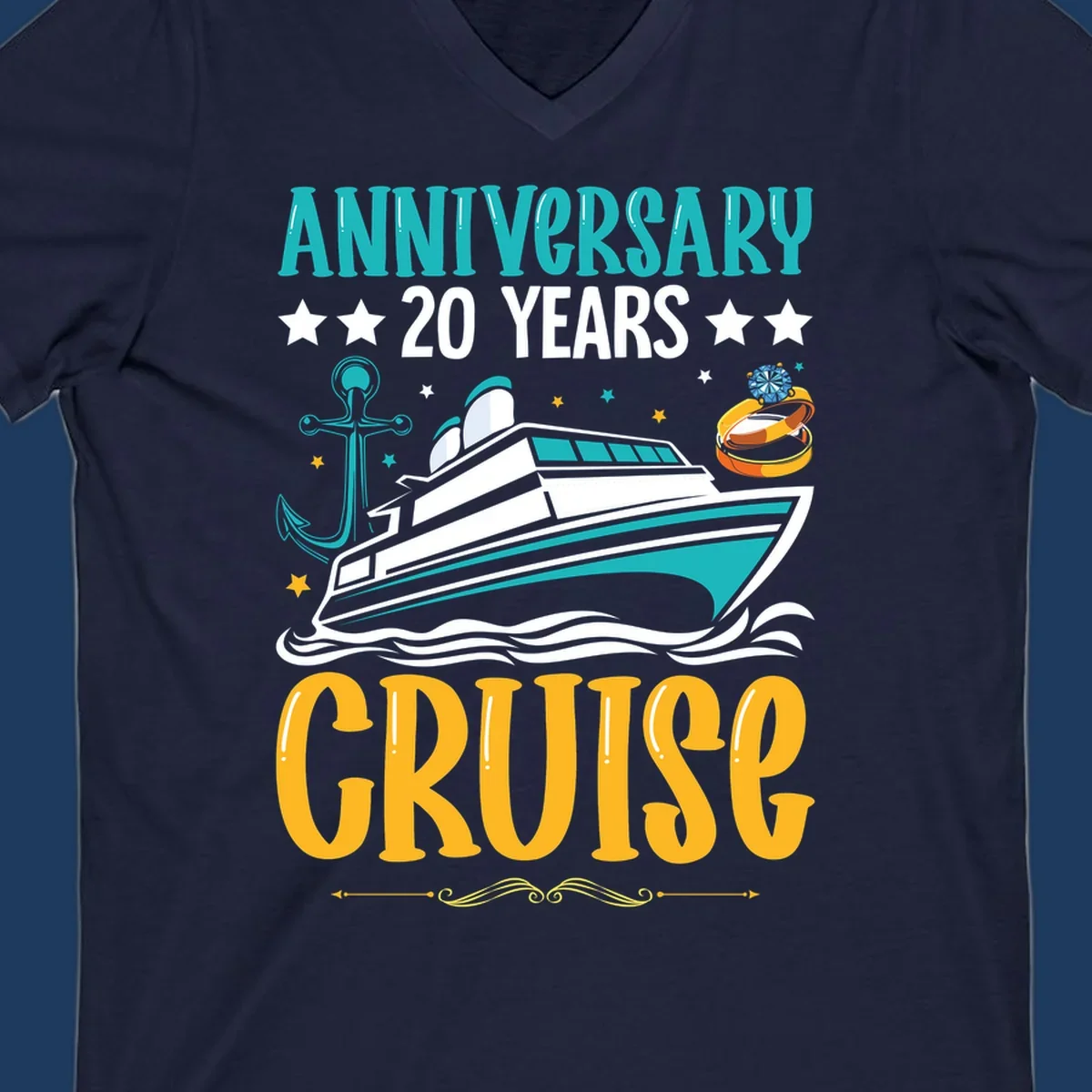Anniversary 20 years cruise design with luxury yacht, anchor, wedding rings, and ocean waves on gray background