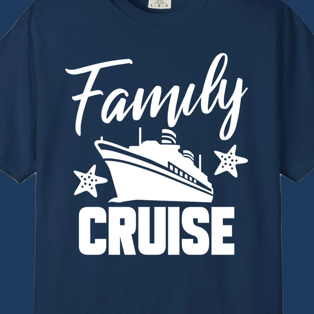 Family cruise ship design with starfish and ocean liner illustration in white on gray background