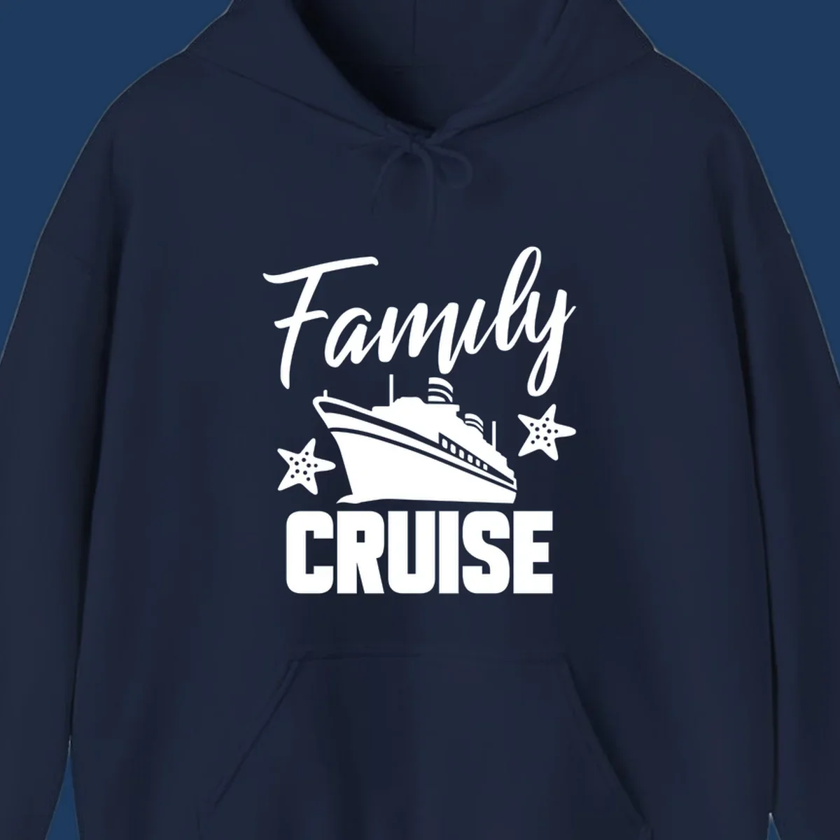 Family cruise ship design with starfish and ocean liner illustration in white on gray background