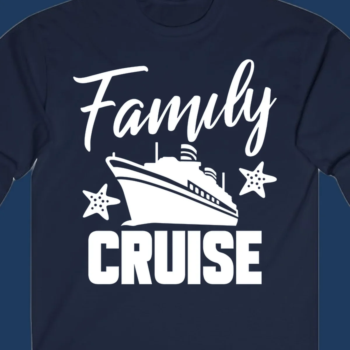 Family cruise ship design with starfish and ocean liner illustration in white on gray background