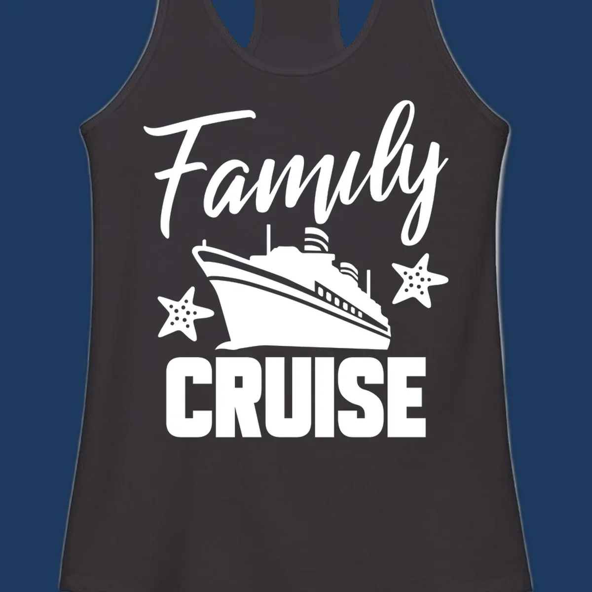 Family cruise ship design with starfish and ocean liner illustration in white on gray background
