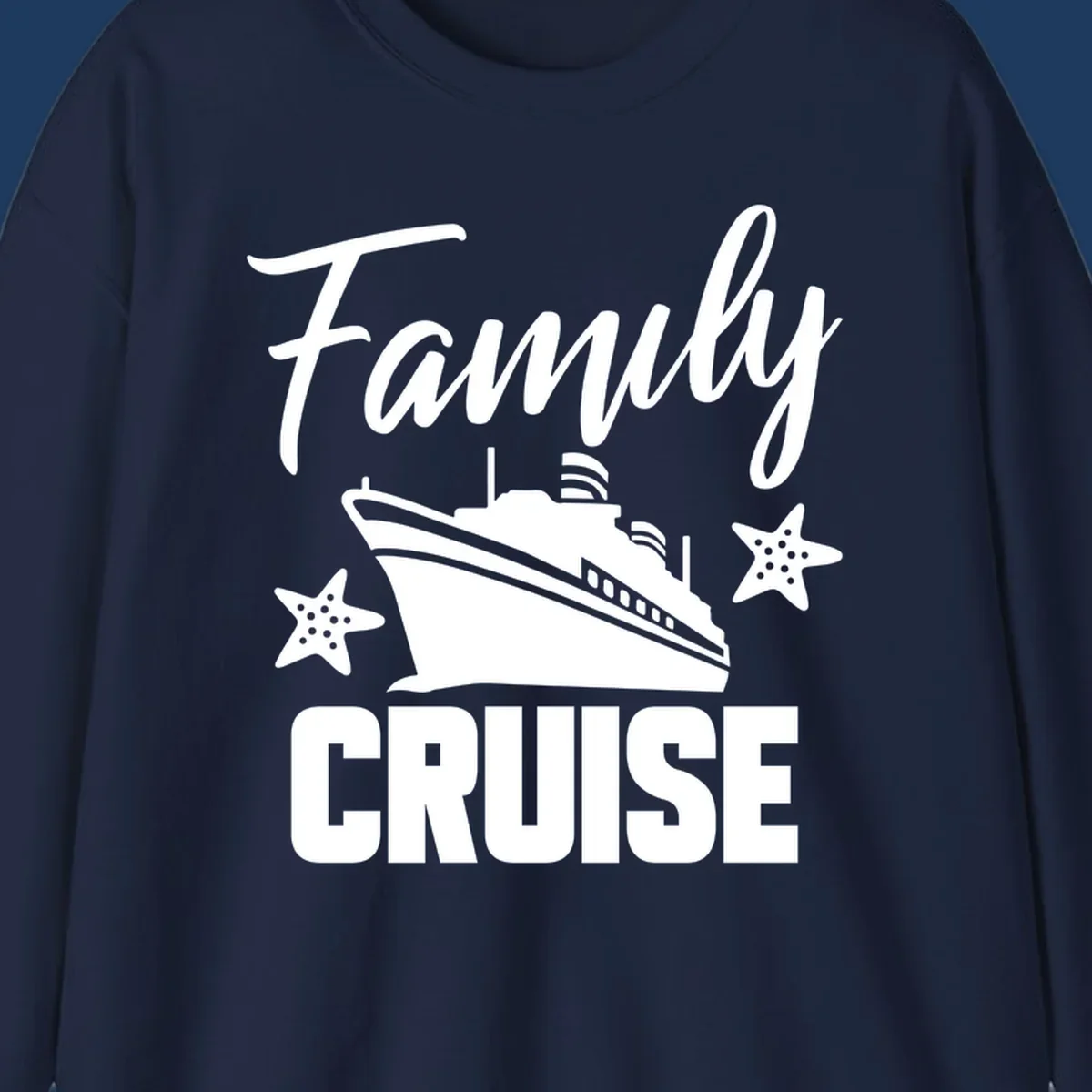 Family cruise ship design with starfish and ocean liner illustration in white on gray background