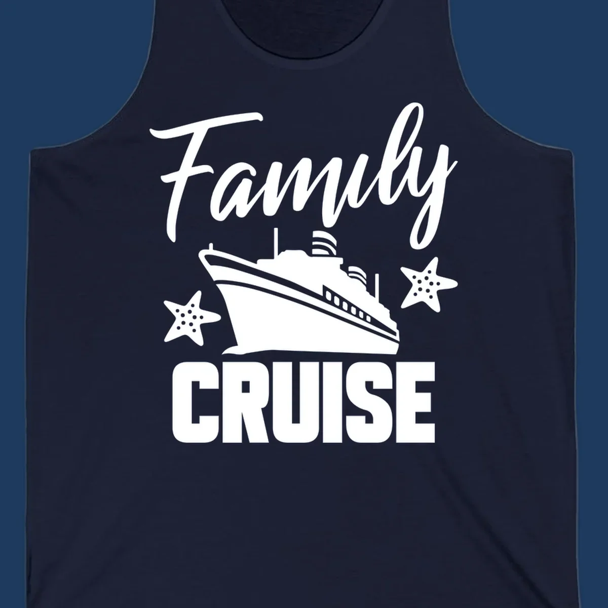 Family cruise ship design with starfish and ocean liner illustration in white on gray background