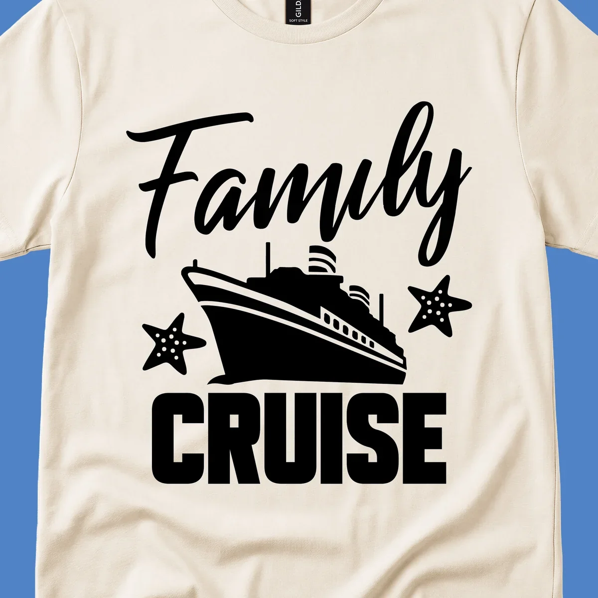 Family cruise ship design with starfish and ocean liner illustration in white on gray background