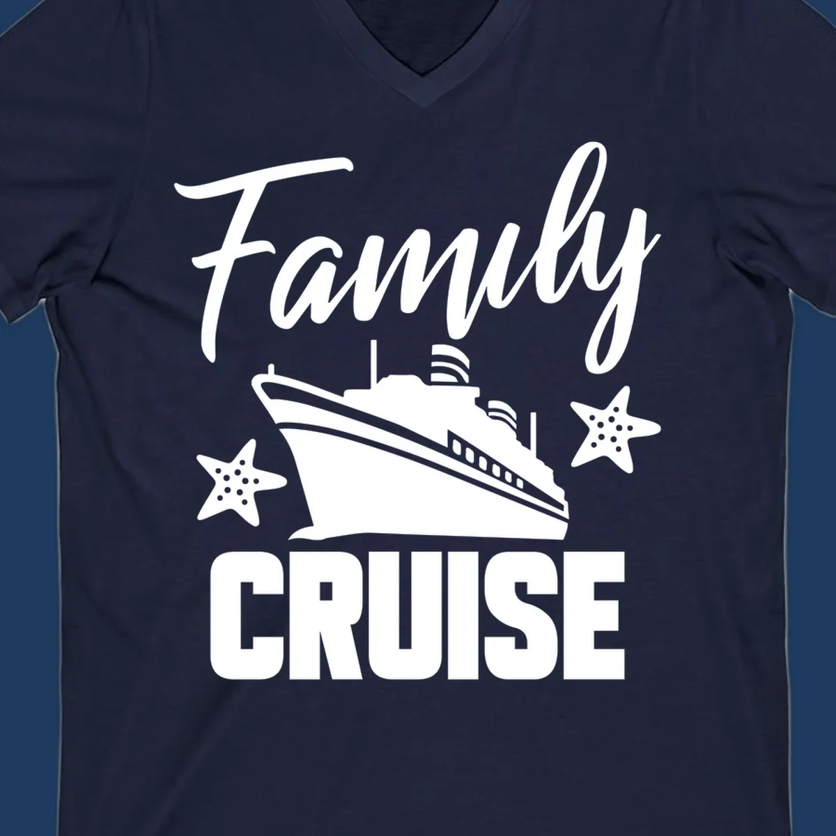 Family cruise ship design with starfish and ocean liner illustration in white on gray background