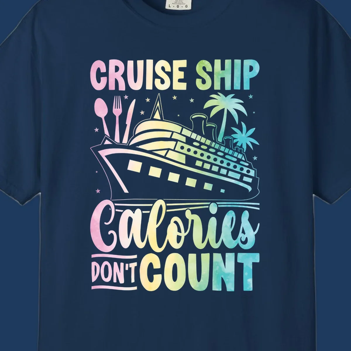 Colorful cruise ship illustration with dining utensils and palm trees, text reads 'Cruise Ship Calories Don't Count'