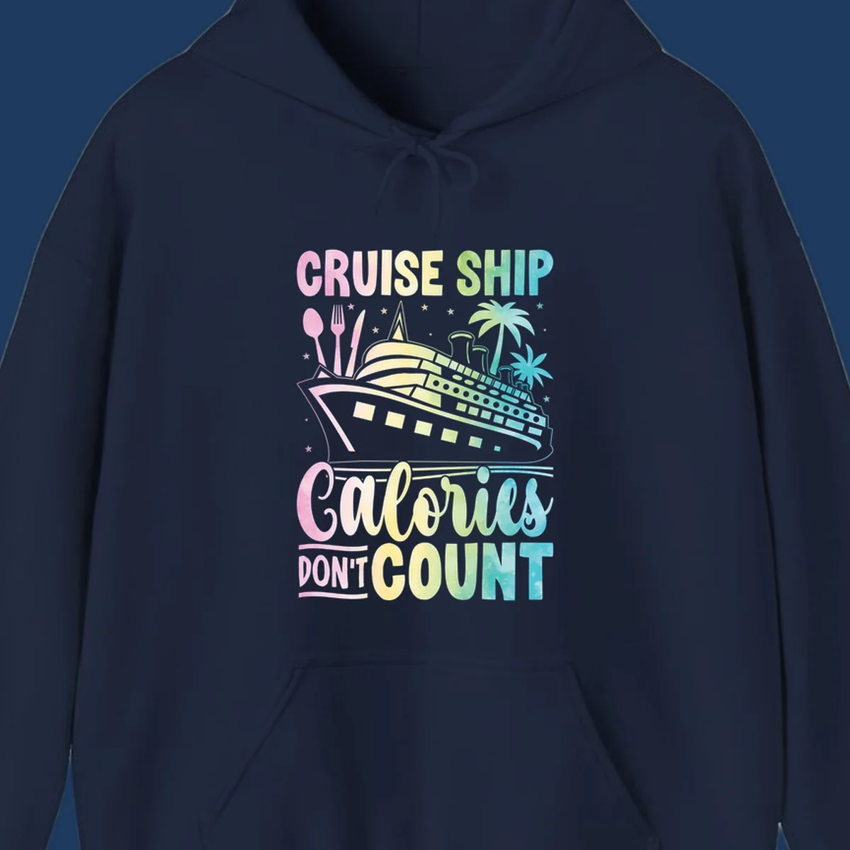 Colorful cruise ship illustration with dining utensils and palm trees, text reads 'Cruise Ship Calories Don't Count'