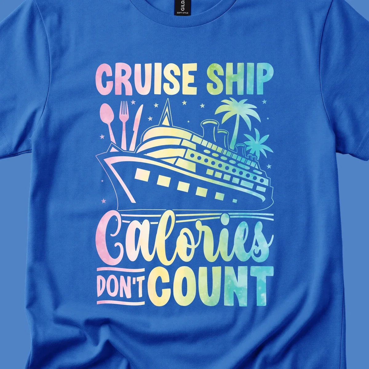 Colorful cruise ship illustration with dining utensils and palm trees, text reads 'Cruise Ship Calories Don't Count'