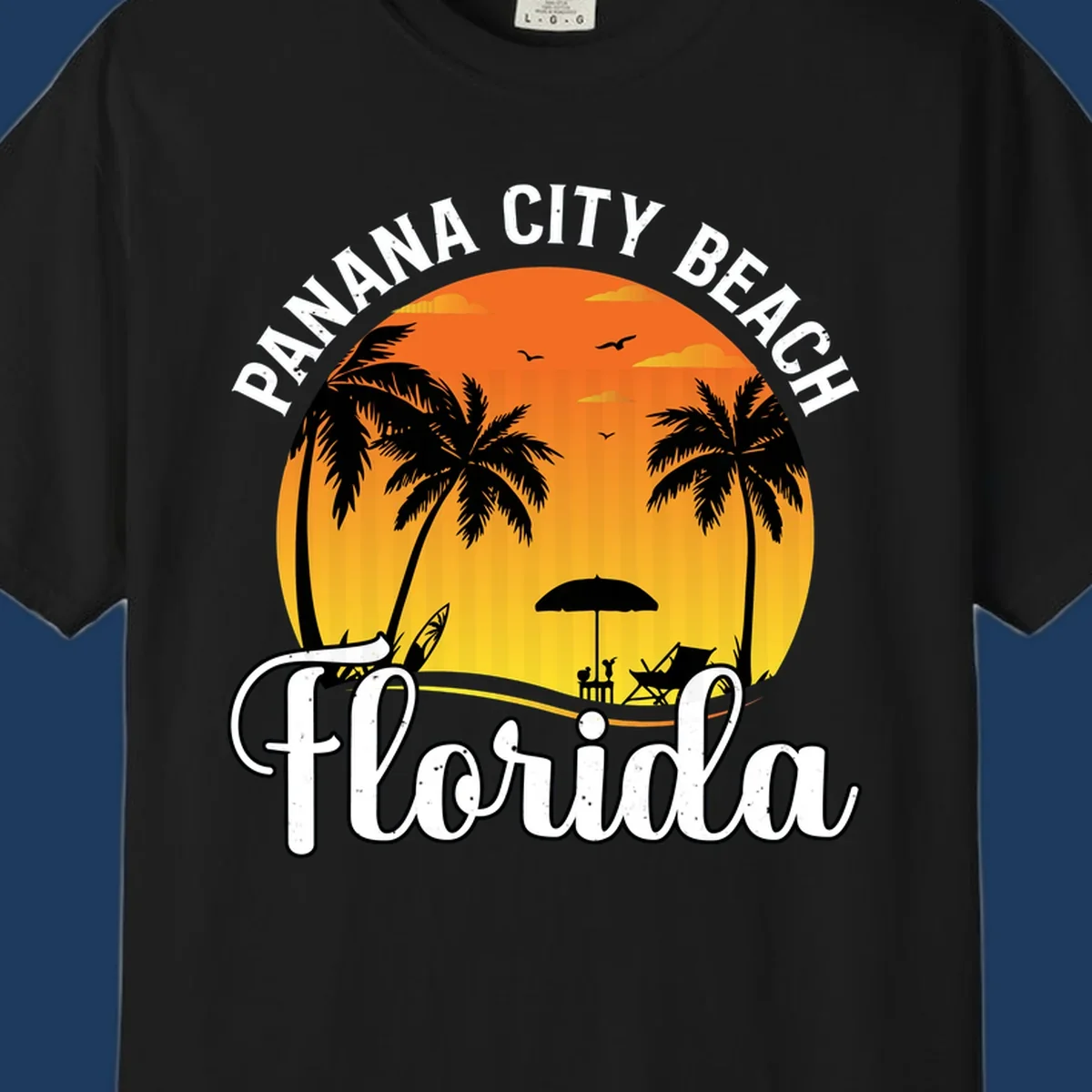 Panama City Beach tiki-themed sunset illustration with palm trees, lounge chair, umbrella, and sailboat silhouettes against warm orange and gold sky
