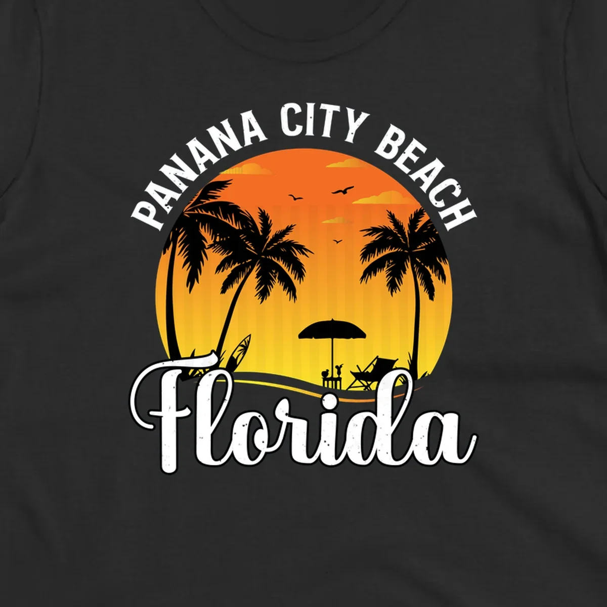 Panama City Beach tiki-themed sunset illustration with palm trees, lounge chair, umbrella, and sailboat silhouettes against warm orange and gold sky