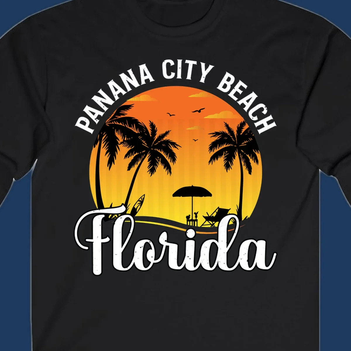 Panama City Beach tiki-themed sunset illustration with palm trees, lounge chair, umbrella, and sailboat silhouettes against warm orange and gold sky
