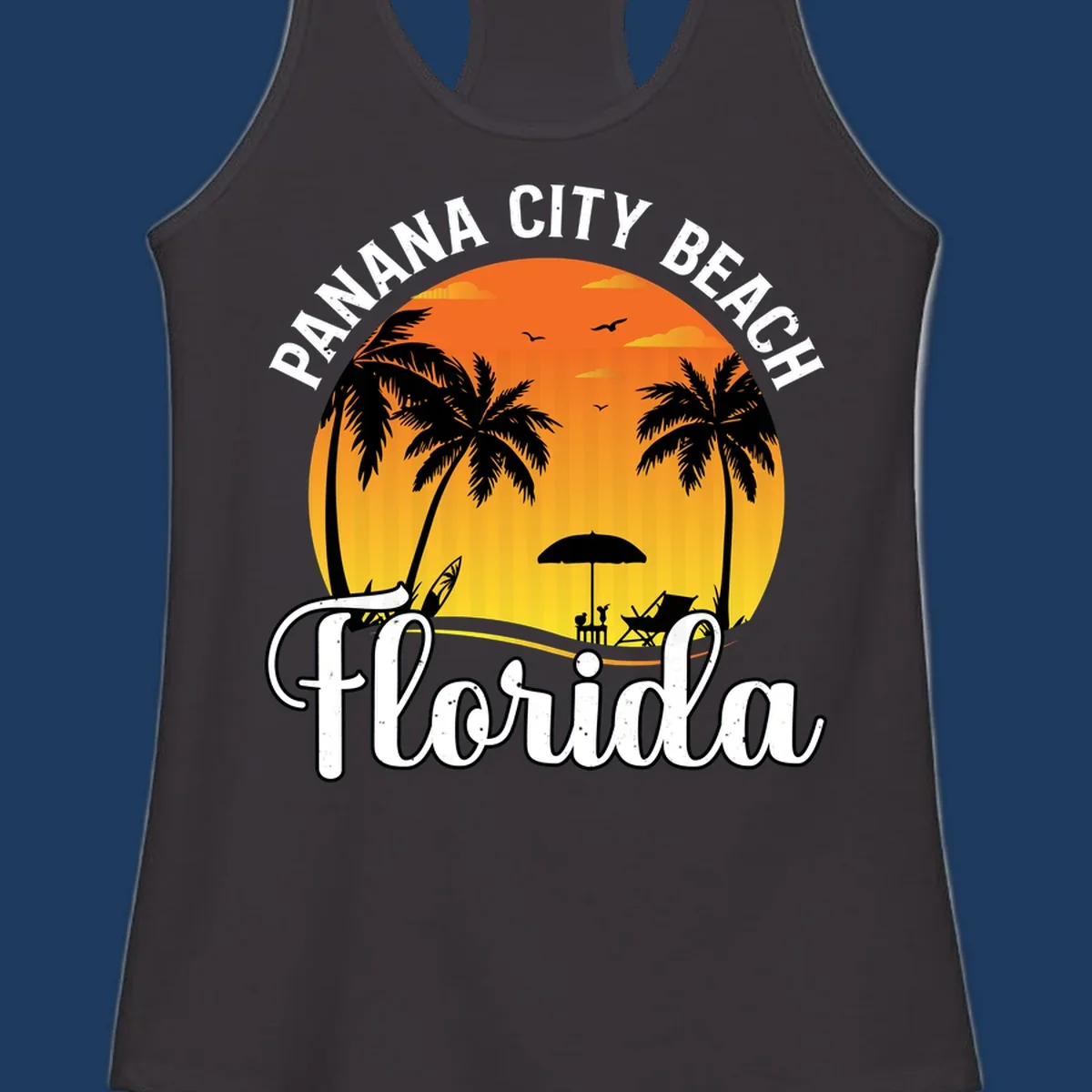 Panama City Beach tiki-themed sunset illustration with palm trees, lounge chair, umbrella, and sailboat silhouettes against warm orange and gold sky