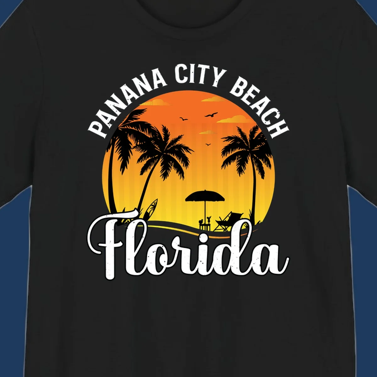 Panama City Beach tiki-themed sunset illustration with palm trees, lounge chair, umbrella, and sailboat silhouettes against warm orange and gold sky
