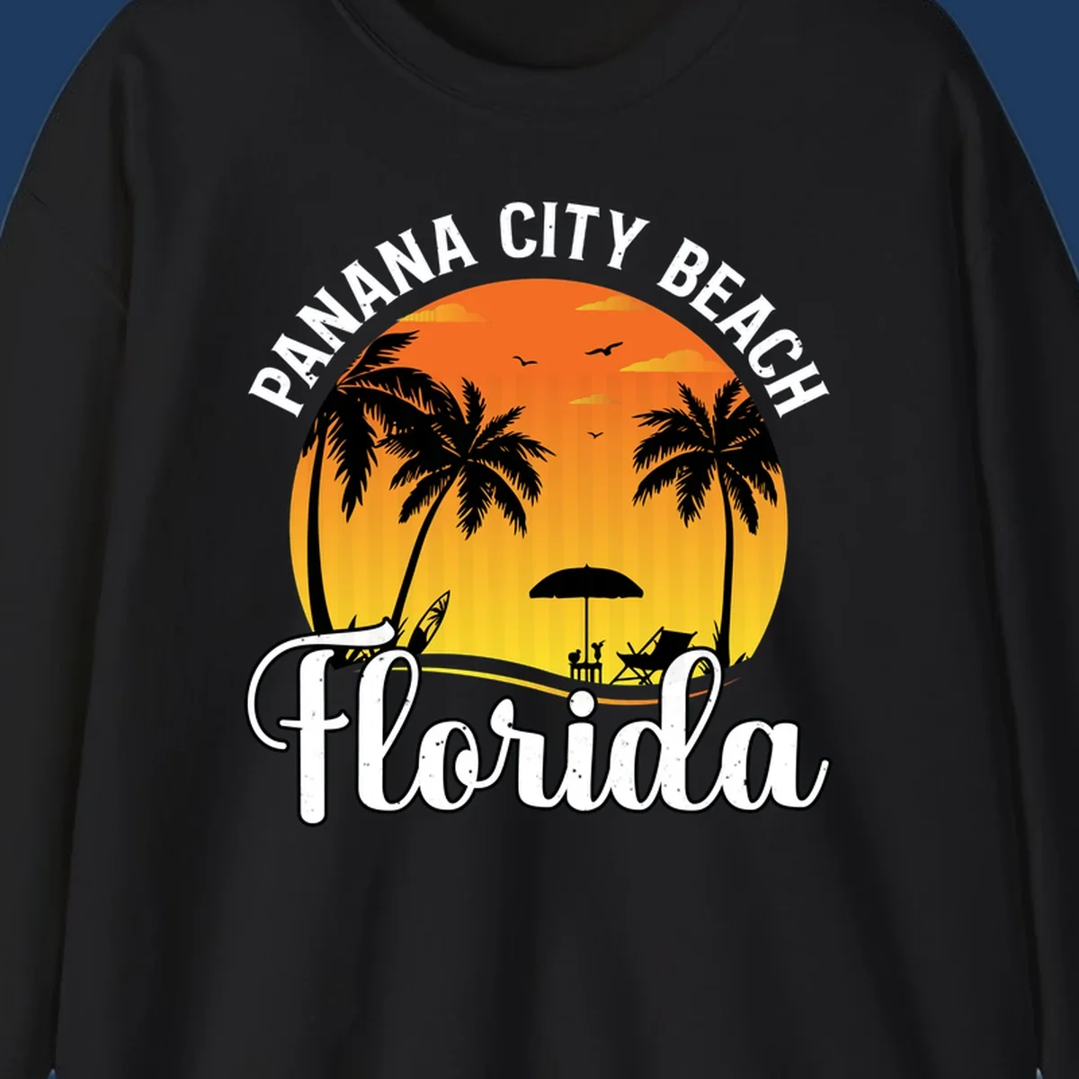 Panama City Beach tiki-themed sunset illustration with palm trees, lounge chair, umbrella, and sailboat silhouettes against warm orange and gold sky