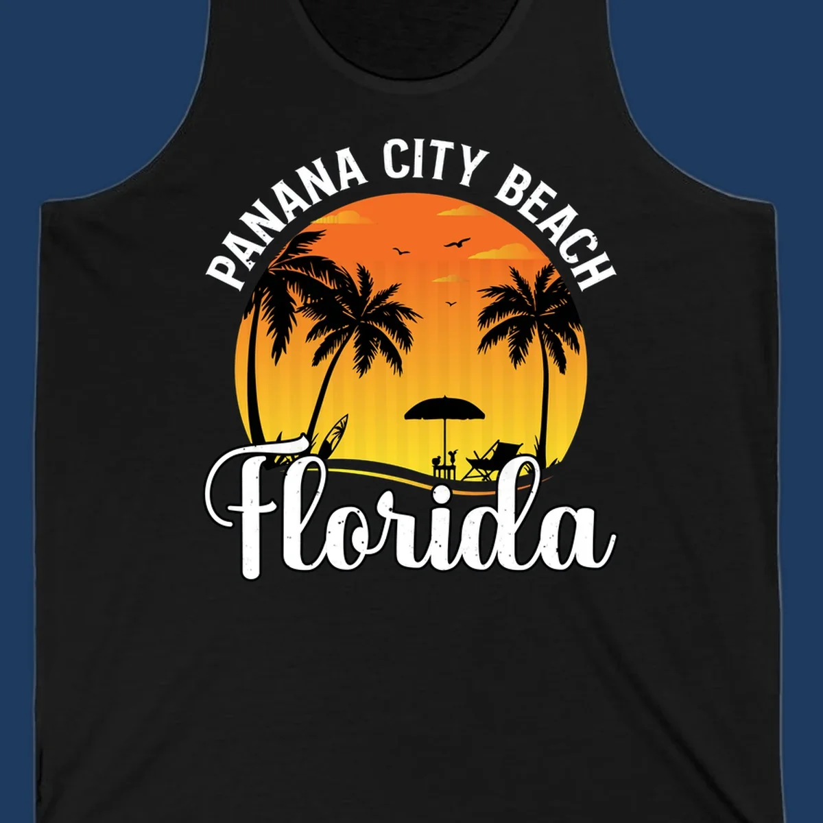 Panama City Beach tiki-themed sunset illustration with palm trees, lounge chair, umbrella, and sailboat silhouettes against warm orange and gold sky