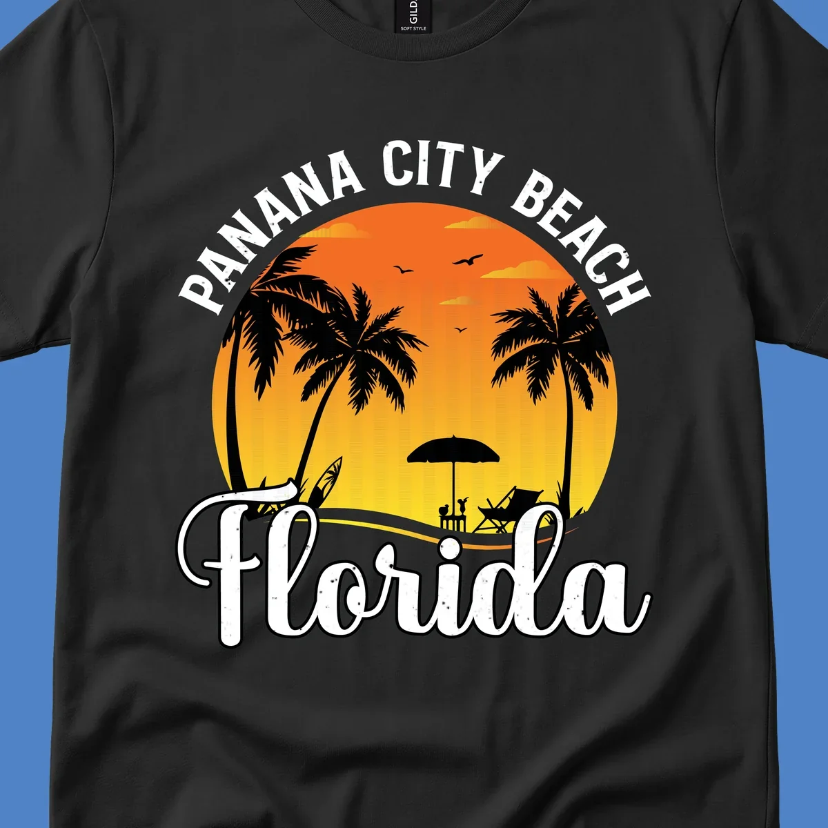 Panama City Beach tiki-themed sunset illustration with palm trees, lounge chair, umbrella, and sailboat silhouettes against warm orange and gold sky