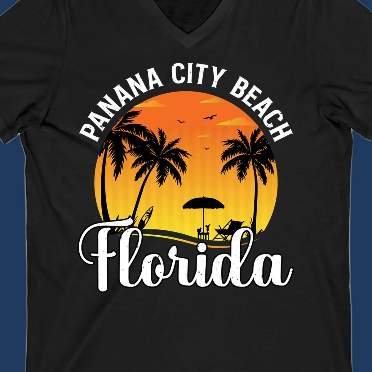 Panama City Beach tiki-themed sunset illustration with palm trees, lounge chair, umbrella, and sailboat silhouettes against warm orange and gold sky
