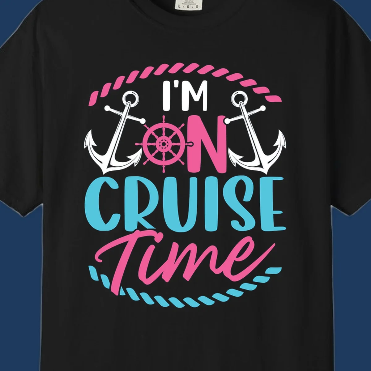 On cruise time nautical design with anchors, ship wheel, and rope borders in pink and blue