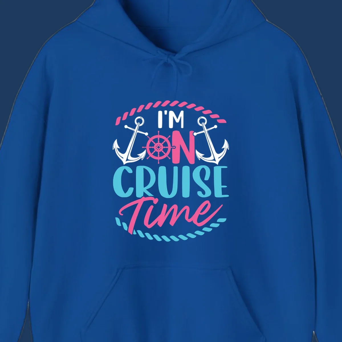 On cruise time nautical design with anchors, ship wheel, and rope borders in pink and blue