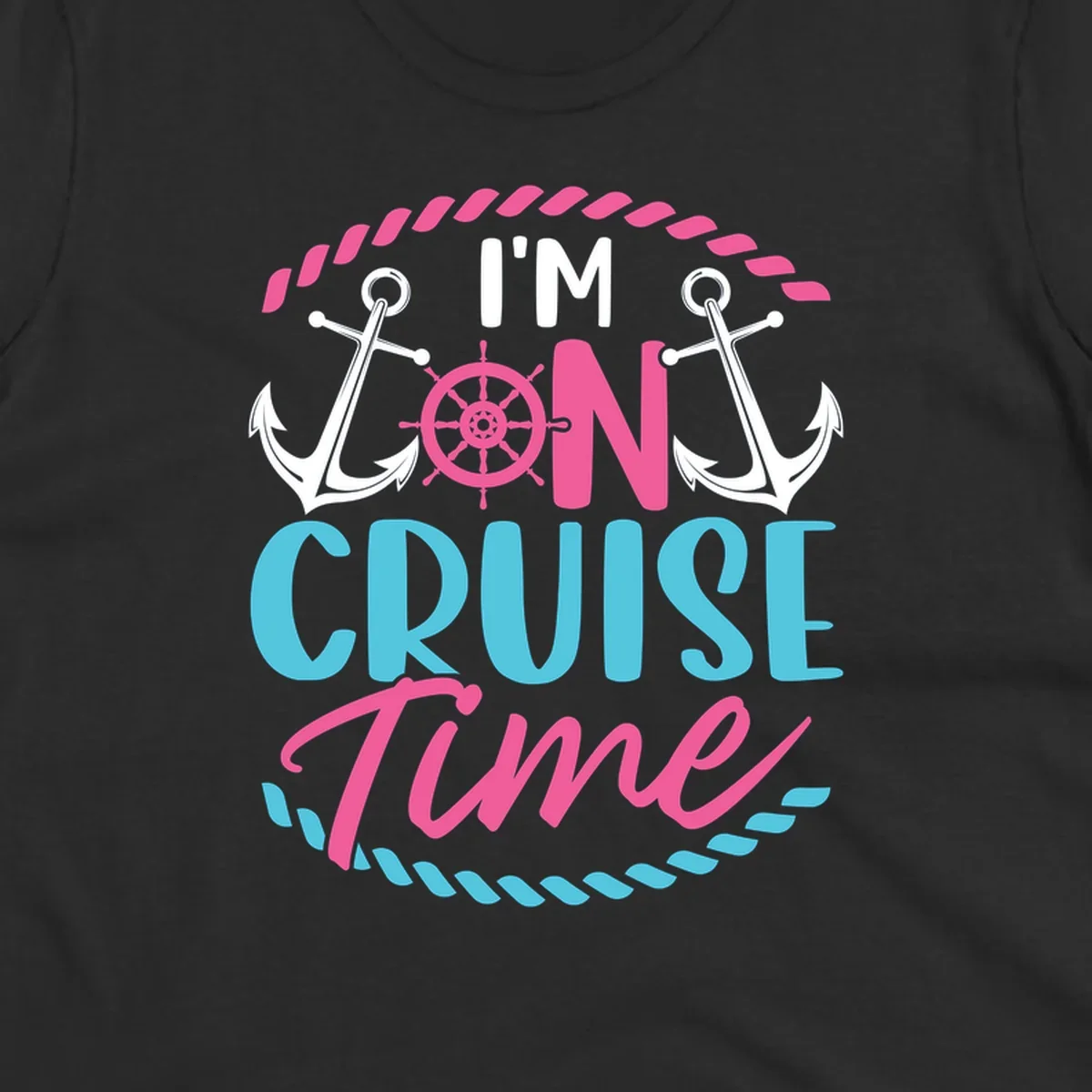 On cruise time nautical design with anchors, ship wheel, and rope borders in pink and blue