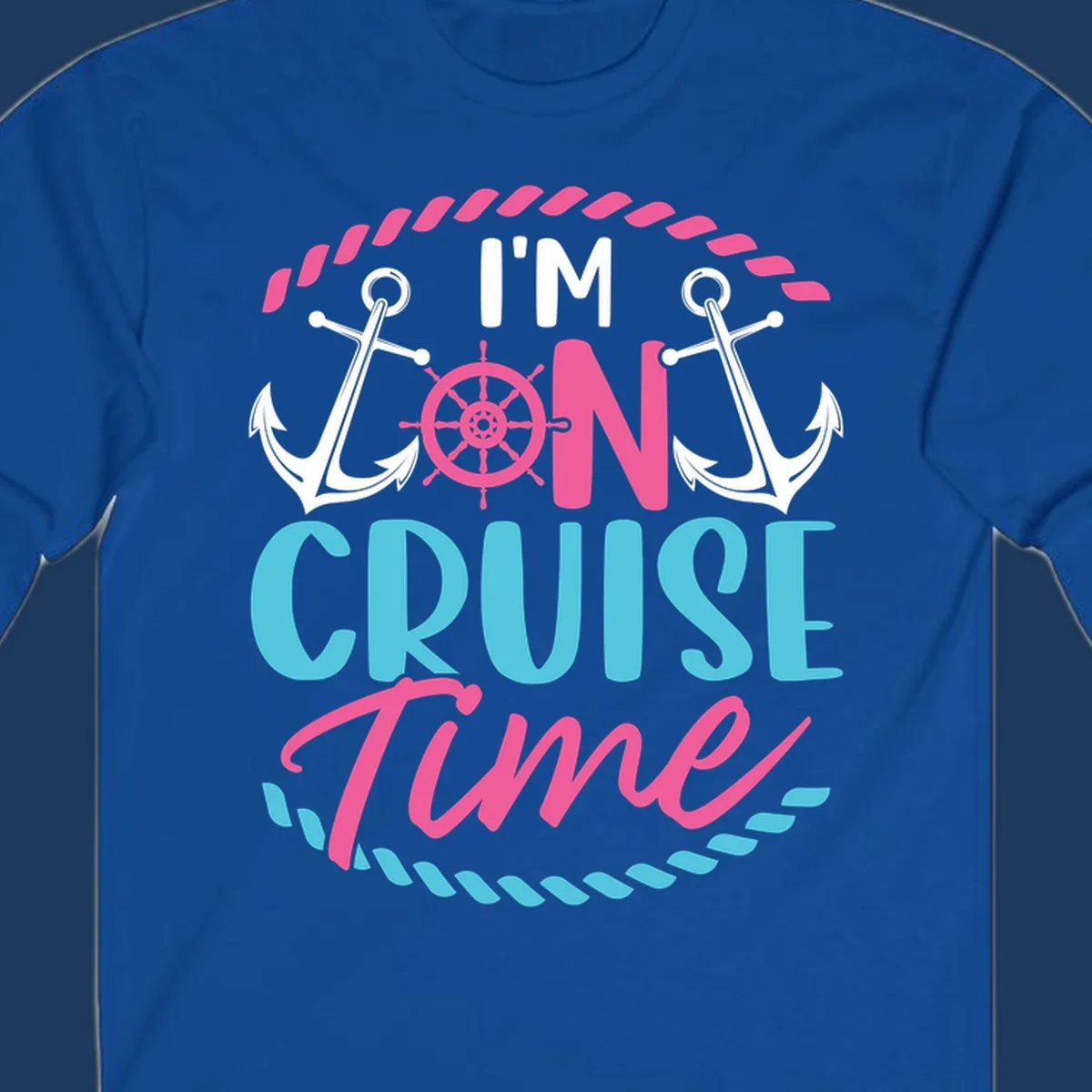 On cruise time nautical design with anchors, ship wheel, and rope borders in pink and blue