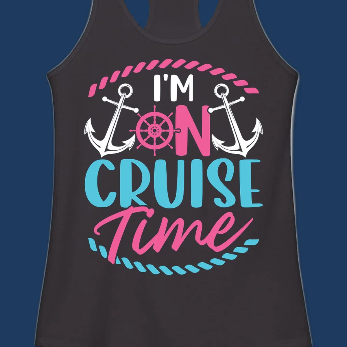 On cruise time nautical design with anchors, ship wheel, and rope borders in pink and blue