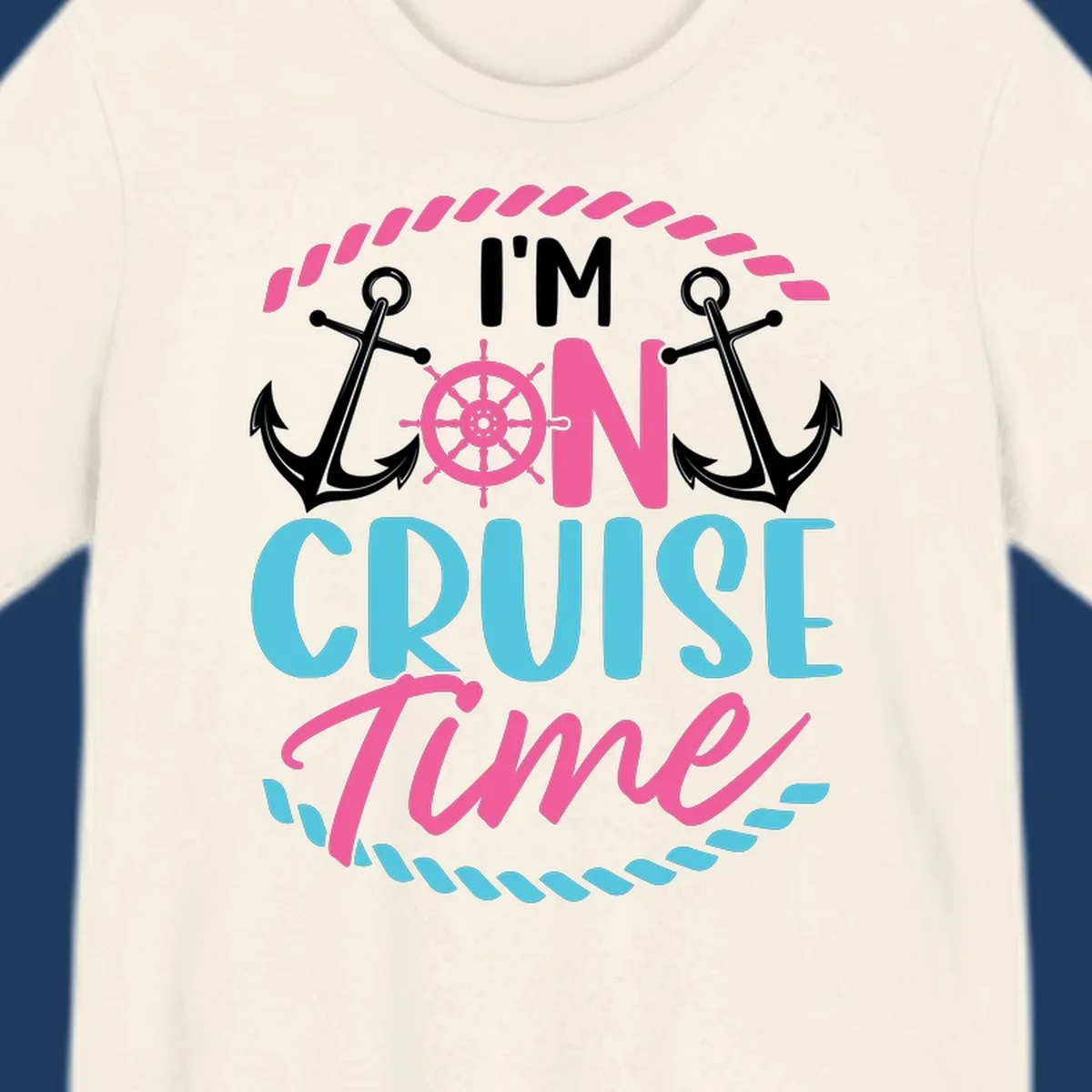 On cruise time nautical design with anchors, ship wheel, and rope borders in pink and blue
