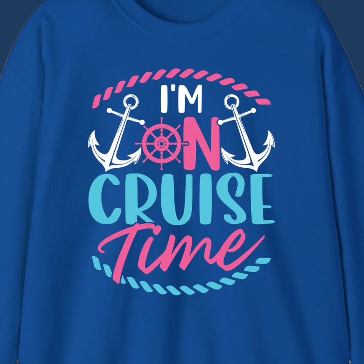On cruise time nautical design with anchors, ship wheel, and rope borders in pink and blue