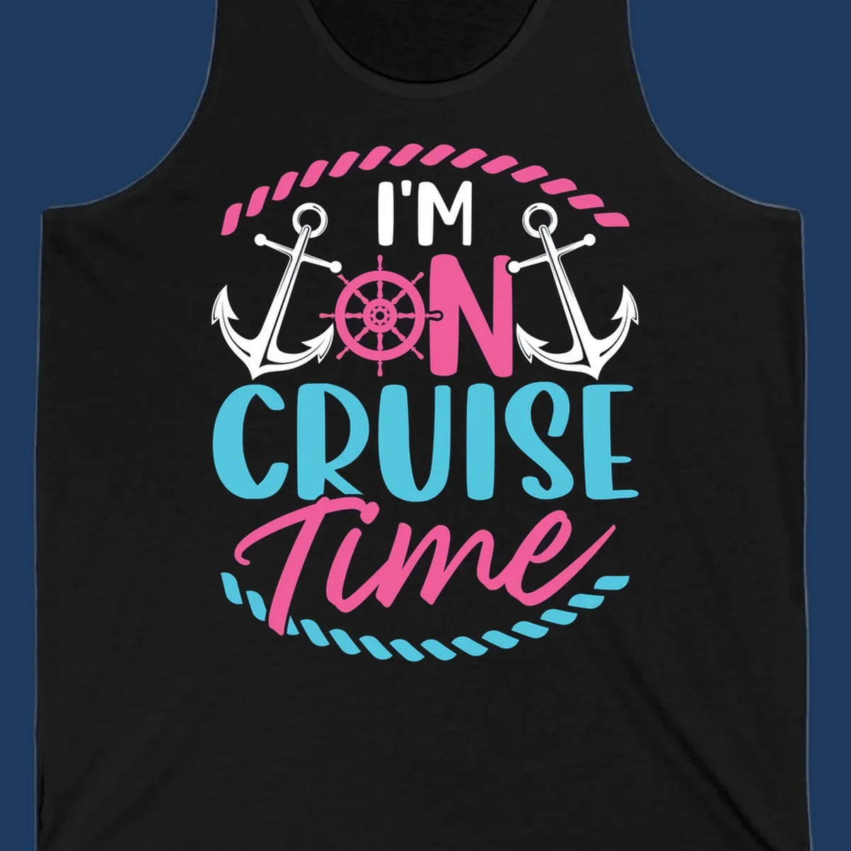On cruise time nautical design with anchors, ship wheel, and rope borders in pink and blue