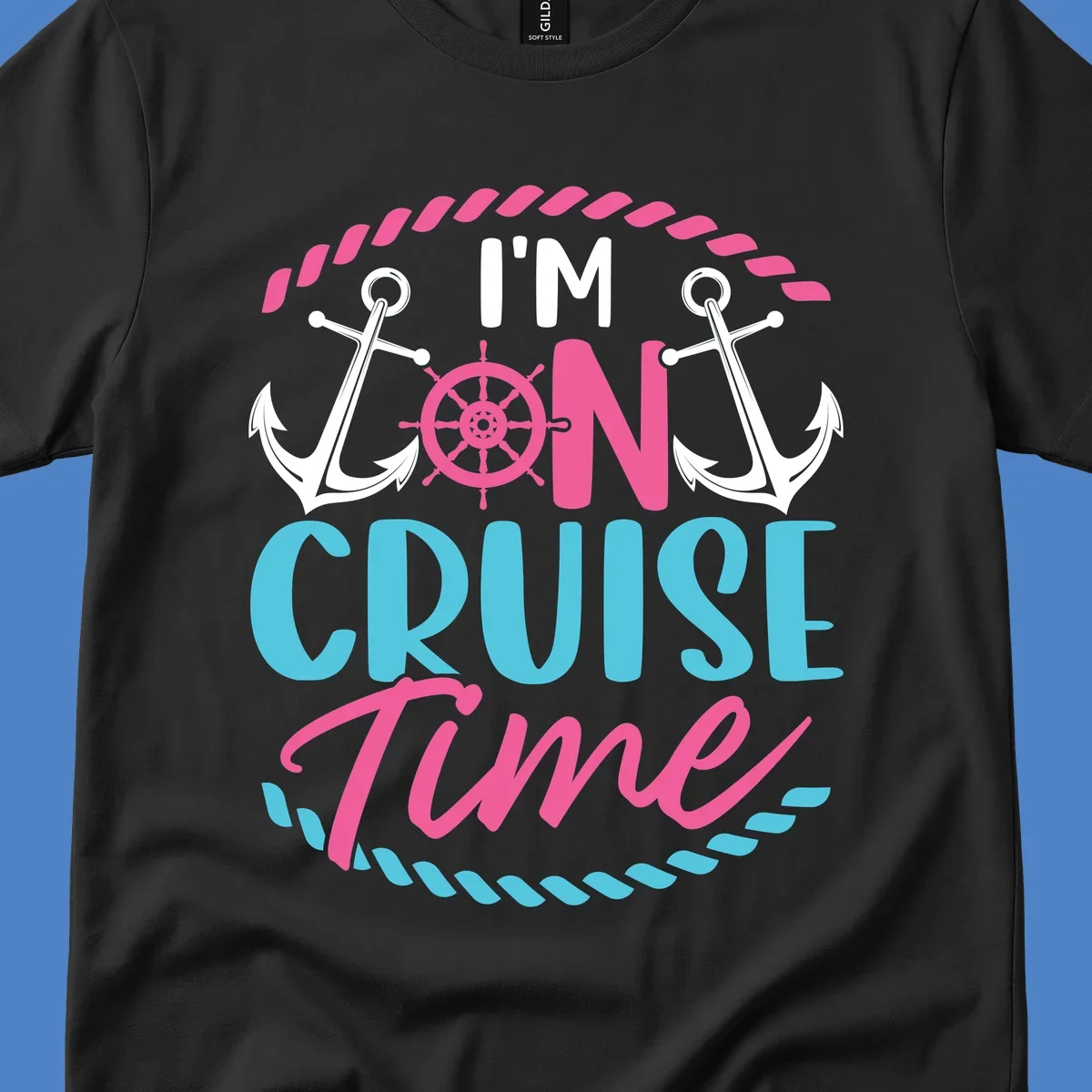 On cruise time nautical design with anchors, ship wheel, and rope borders in pink and blue