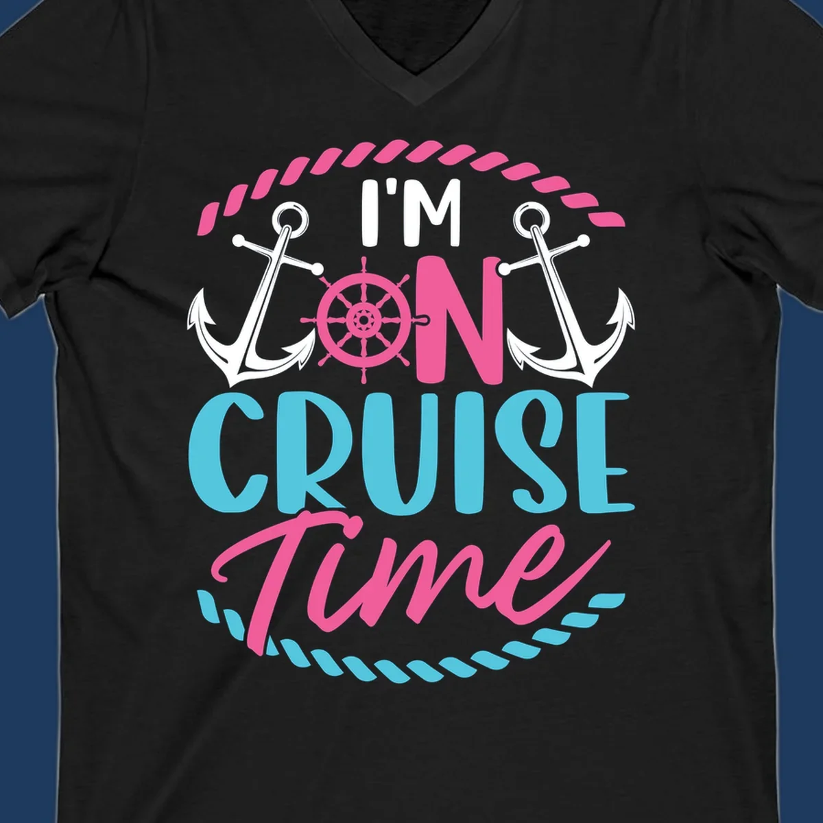 On cruise time nautical design with anchors, ship wheel, and rope borders in pink and blue