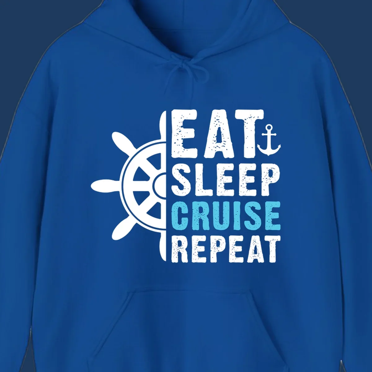 Eat sleep cruise repeat design with ship wheel and anchor icons in white and cyan blue text on gray background