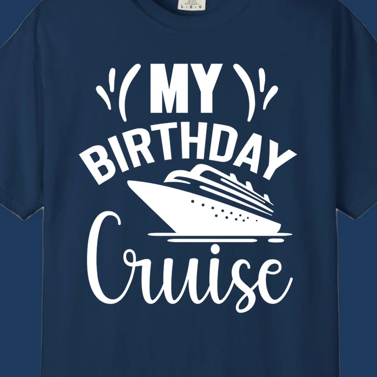 Birthday cruise celebration design with ship and waves graphic and bold text