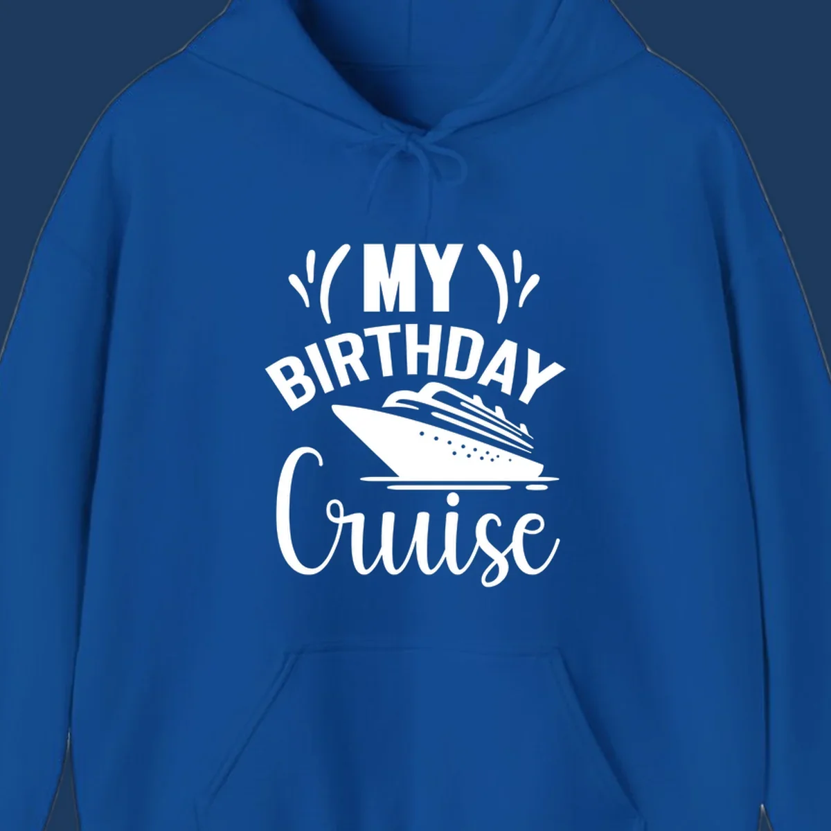Birthday cruise celebration design with ship and waves graphic and bold text