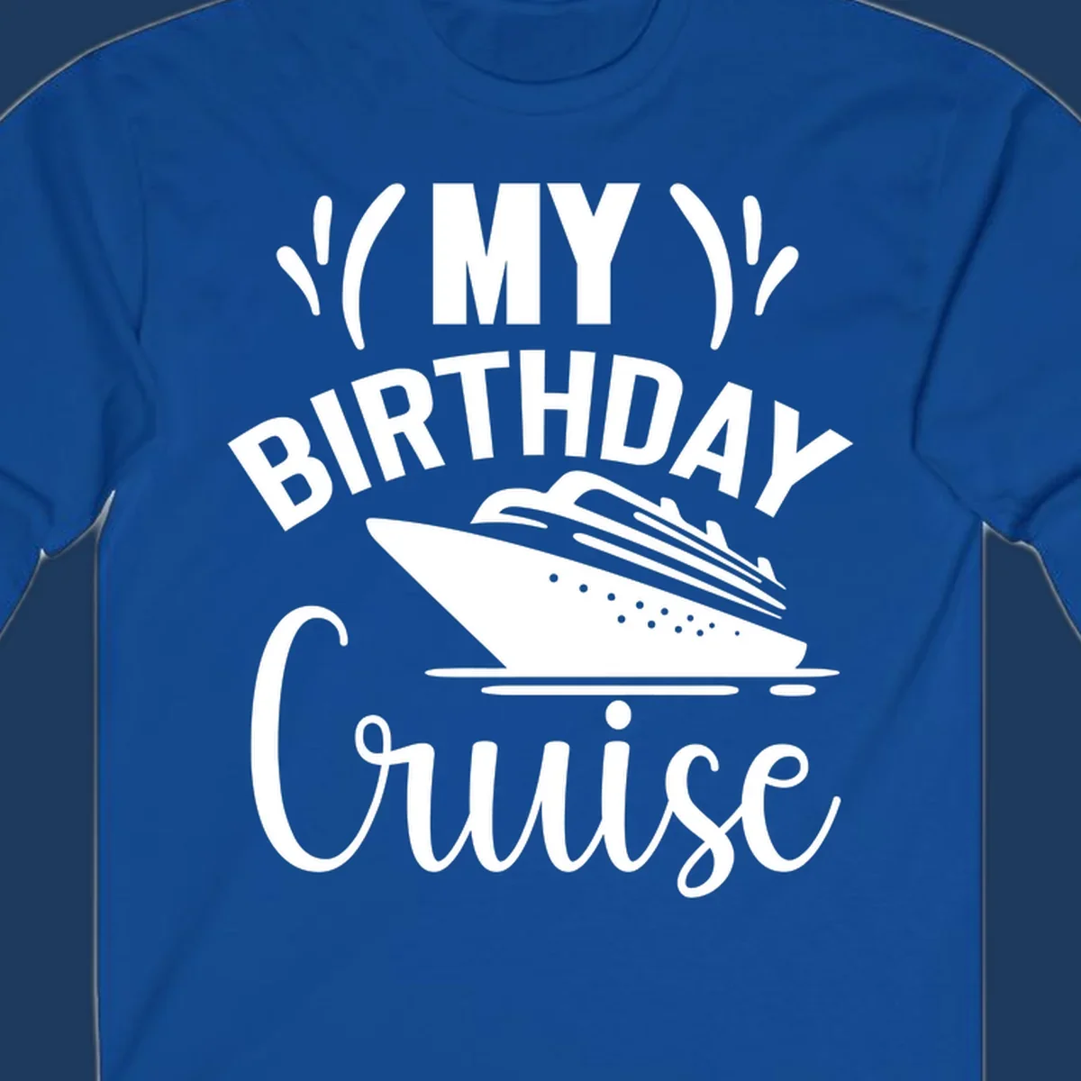Birthday cruise celebration design with ship and waves graphic and bold text