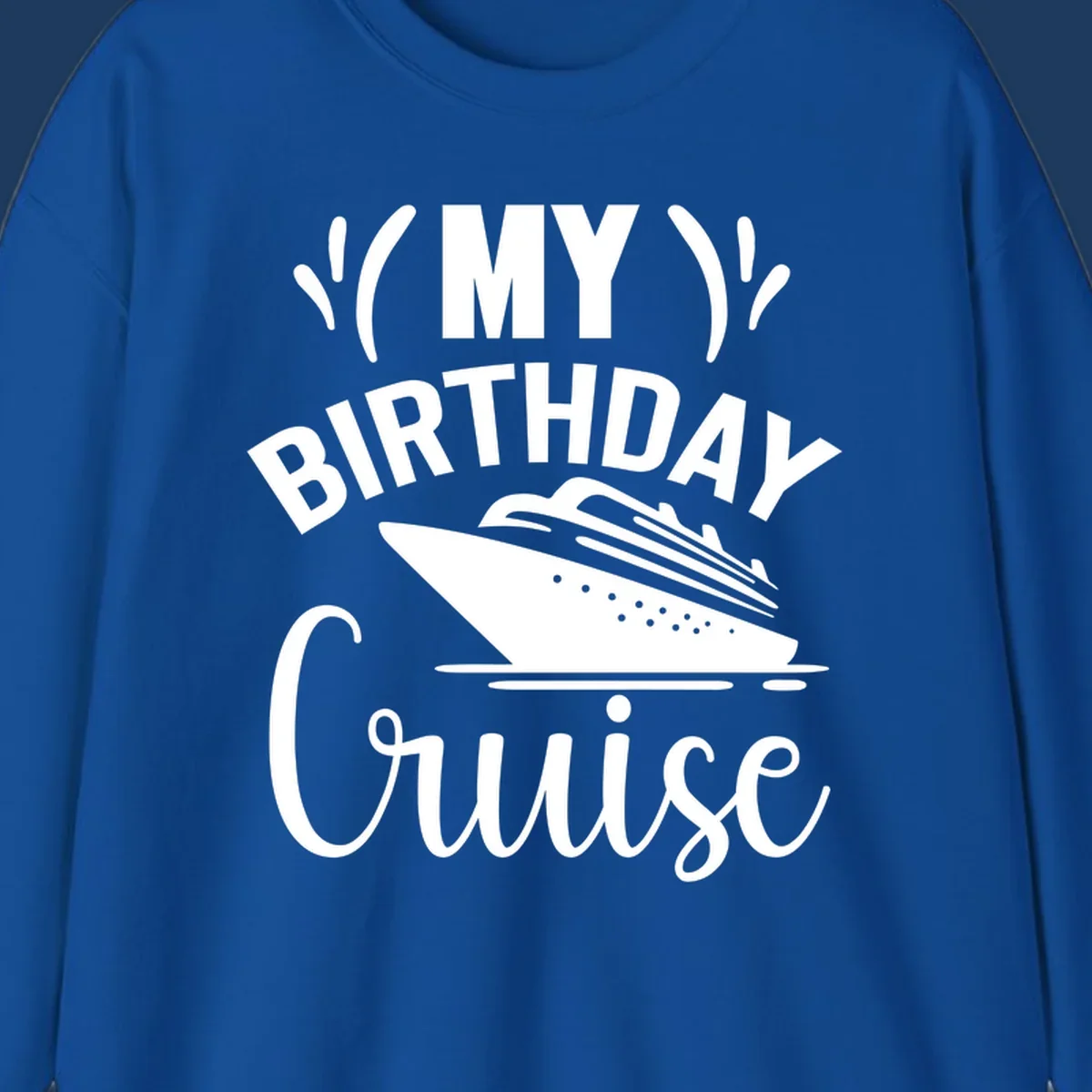 Birthday cruise celebration design with ship and waves graphic and bold text